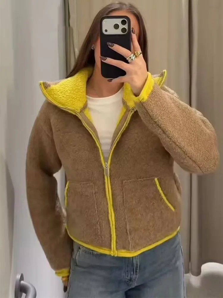 2025 Autumn Casual Jacket Coat Fashion Contrast Color Design Long Sleeve Zipper Jackets For Women St