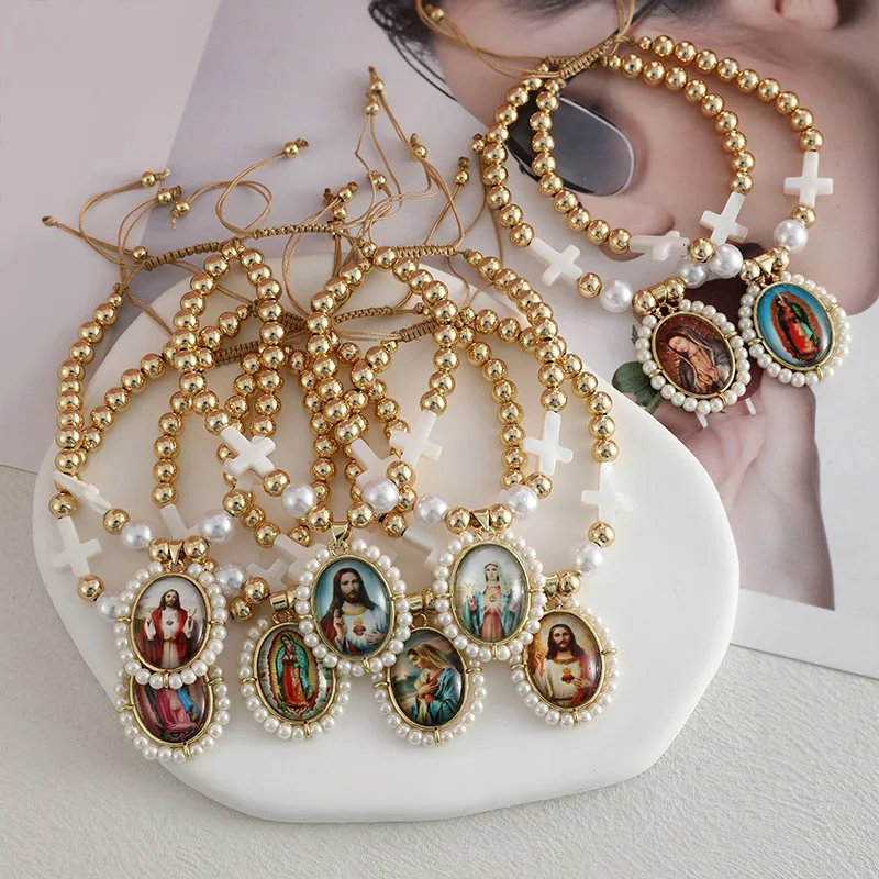 Gold-Plated Copper “Our Lady of Guadalupe” Cross with Pearl / Jesus Cross Pendant Beaded Bracelet (6/8/4 mm)