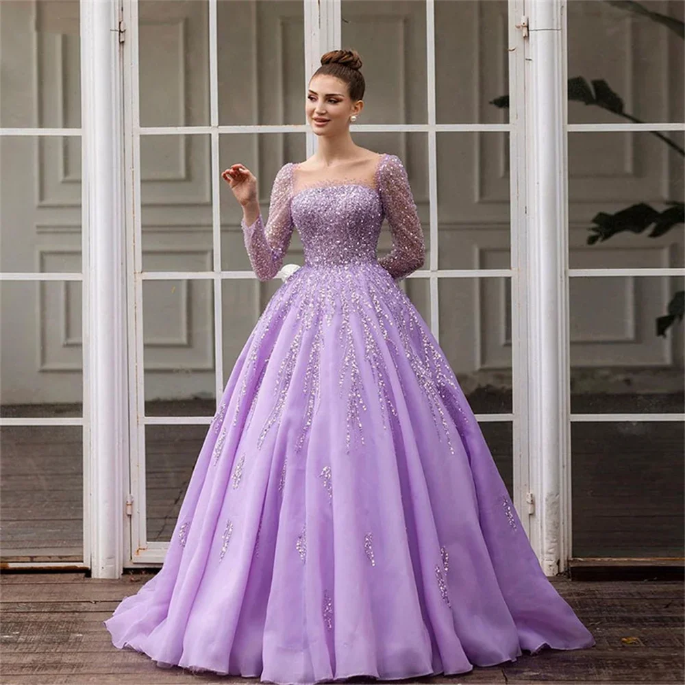 

Luxury Light Purple Wedding Dress Long Sleeved Sequined Tulle Prom Dresses Formal Party Dress Customization 2025