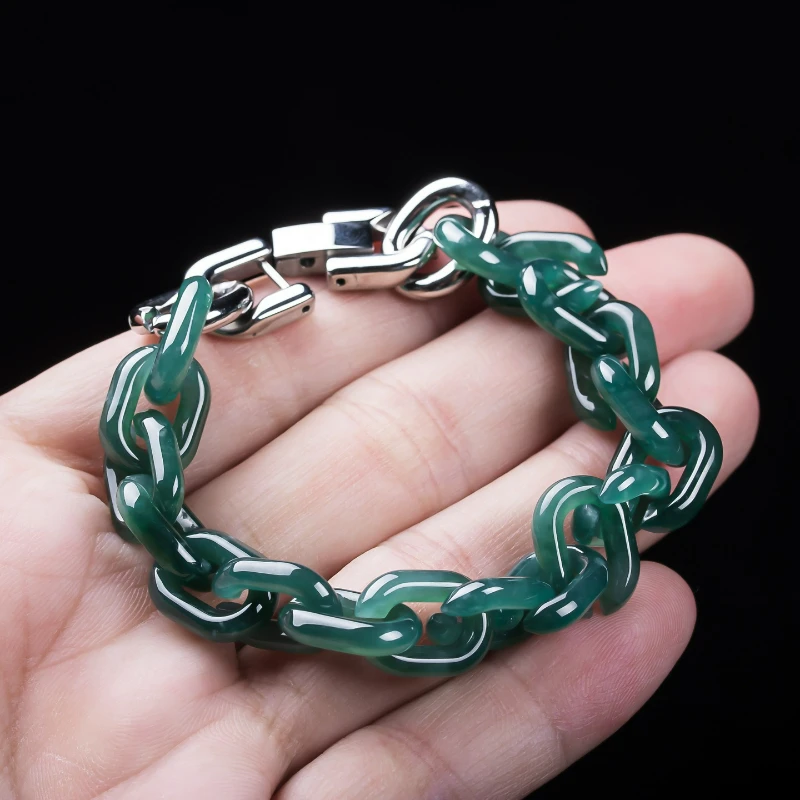 Natural  Jadeite Ice Jade Titanium Steel Ring Buckle Bracelet for Men Women Couples Simple Personalized Fashion Accessories Gift