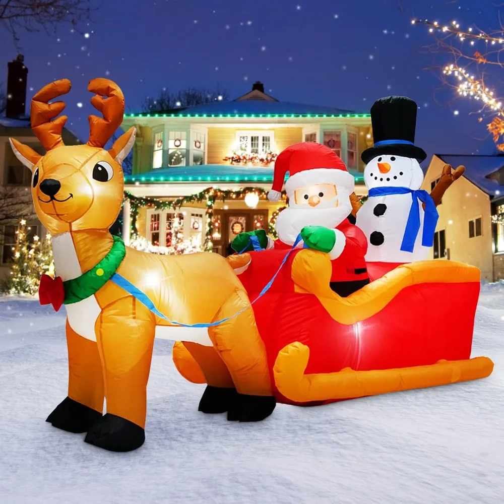 

6.6FT Long Christmas Inflatables Santa Claus on Sleigh with Snowman Reindeer Giant Blow Up Yard Build in LEDs Tethers Stakes Der