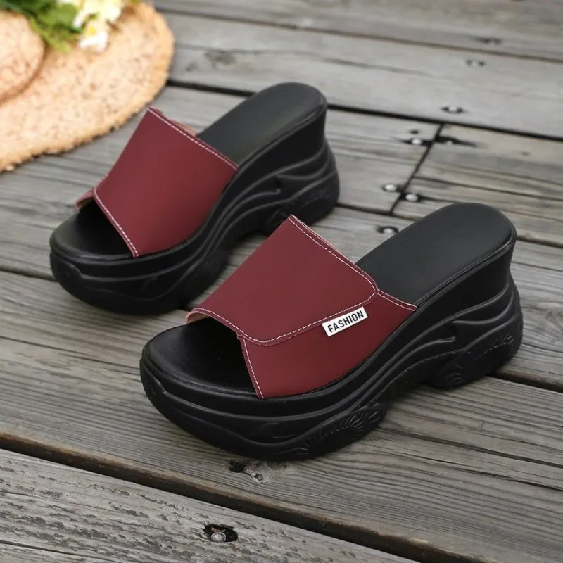 Ladies Summer Platform Wedge Slippers Open‑Toe Slip‑On Thick Sole Elevated Casual Sandals