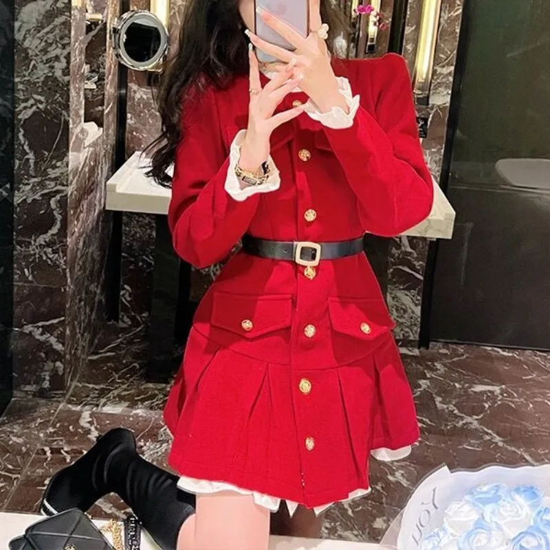 2024 Winter New Korean Fashion Slim Waist Women Dresses Temperament Small Fragrant Style High Waist Dress