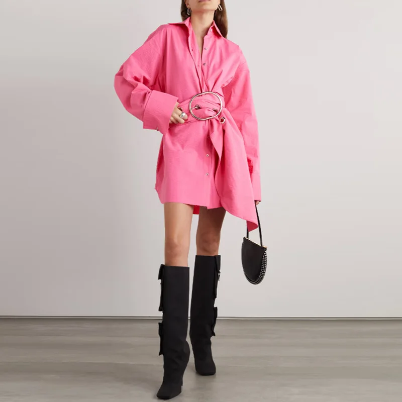 

Fashion Casual Pink 2025 Summer New Design Sense Large Waist Button Decoration Mid-Length Versatile Women's Shirt