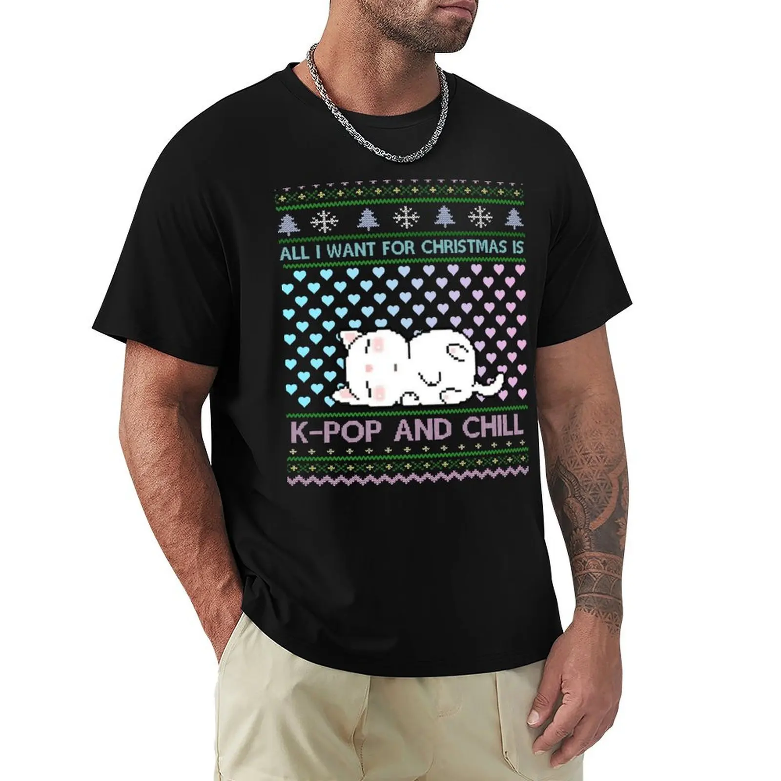 KPOP AND CHILL - SARANGHAE I LOVE YOU K-POP K-DRAMA Ugly Christmas Sweater with Cute KAWAII Cat Cats and Heart Hearts Pa T-Shirt