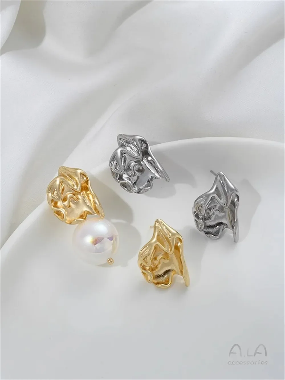 14K Gold-Plated Liquid Pleated Flower-shaped Earrings, 925 Silver Needle, Hand-Made, Special-Shaped Accessories, DIY