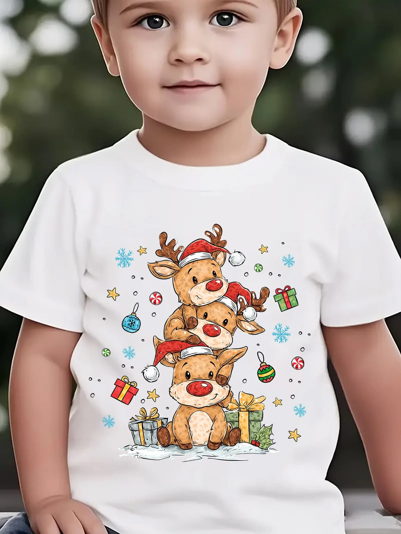 Kids Christmas Number 67 Reindeer Antler Graphic Tee Boys Girls Family Matching Short Sleeve Holiday Cartoon Casual Wear T Shirt