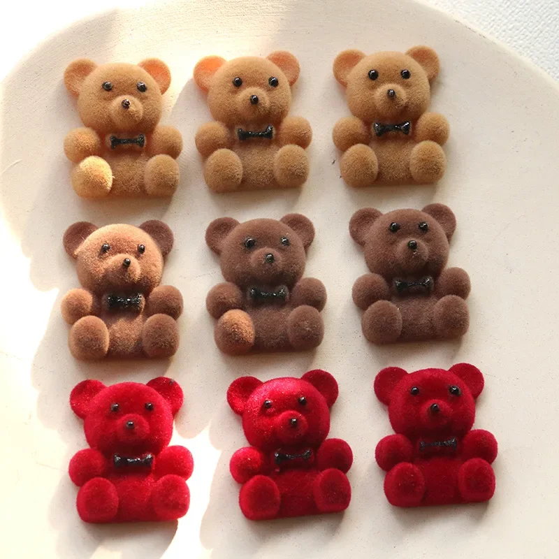 Cartoon cute brown teddy bear flocking resin patch anime handmade DIY earrings hair clip accessories jewelry making materials