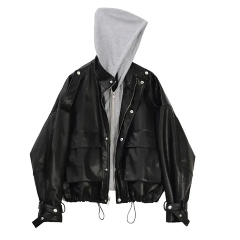 Hooded Leather Jacket for Women Big Pockets Oversized Korean Style Bomber Jacket Pu Windbreaker Moto Cycle Coat Outwear