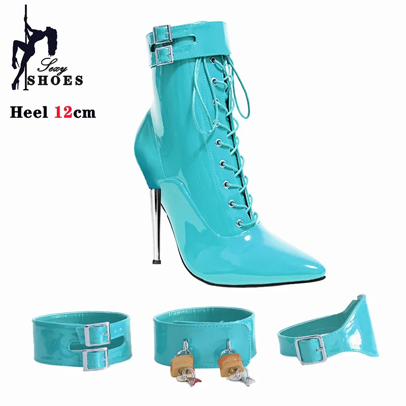 Voesnees Neue High Heel 12 cm Stileto Sexy Stiefeletten Spitz Zwei Abschließbare Vorhängeschlösser Frauen Schuhe T Zeigen Dünne High Heels plus Größe 5