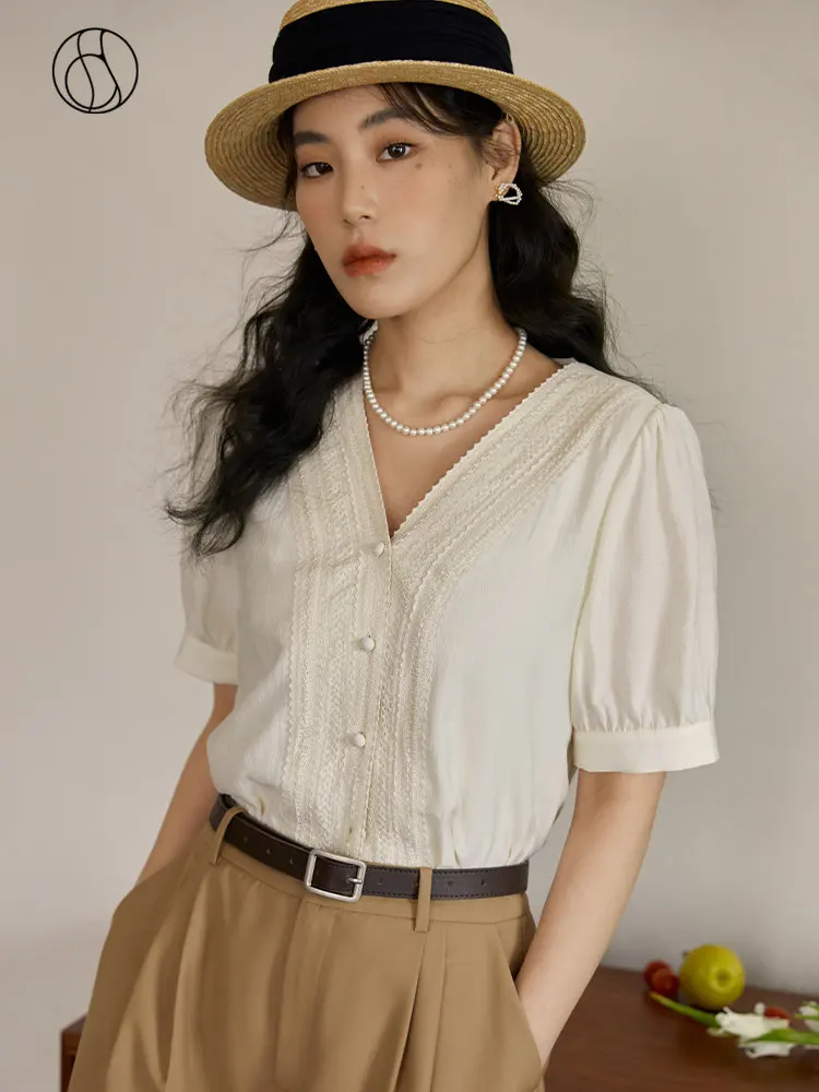 DUSHU Women V-Neck Lace Short Sleeve Blouse 2023 Summer Beige Temperament Single Brested Women Shirts Office Lady Tops