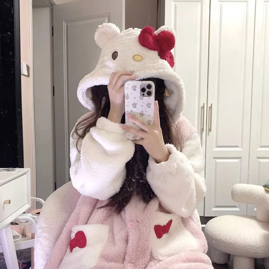 

Hello Kitty Pajamas Women's Cute Cartoon Warm Thick Home Clothing Autumn Winter Coral Velvet Sleeping Skirt Nightgown
