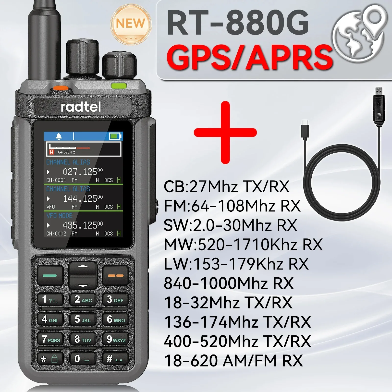 Radtel RT-880G +Programming Cable Ham Radio 10w 1024 CH with AM  SSB CB rx, USB LSB CW CB LW MW SW 2000mAh 1024 Channels  Type C