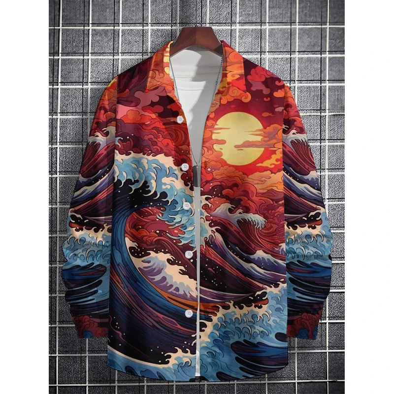 New Men's sea wave Shirts 3D Print Clothes Fashion Button Long Sleeve Lapel Streetwear Shirt for Men Hawaiian Shark Blouse Shirt