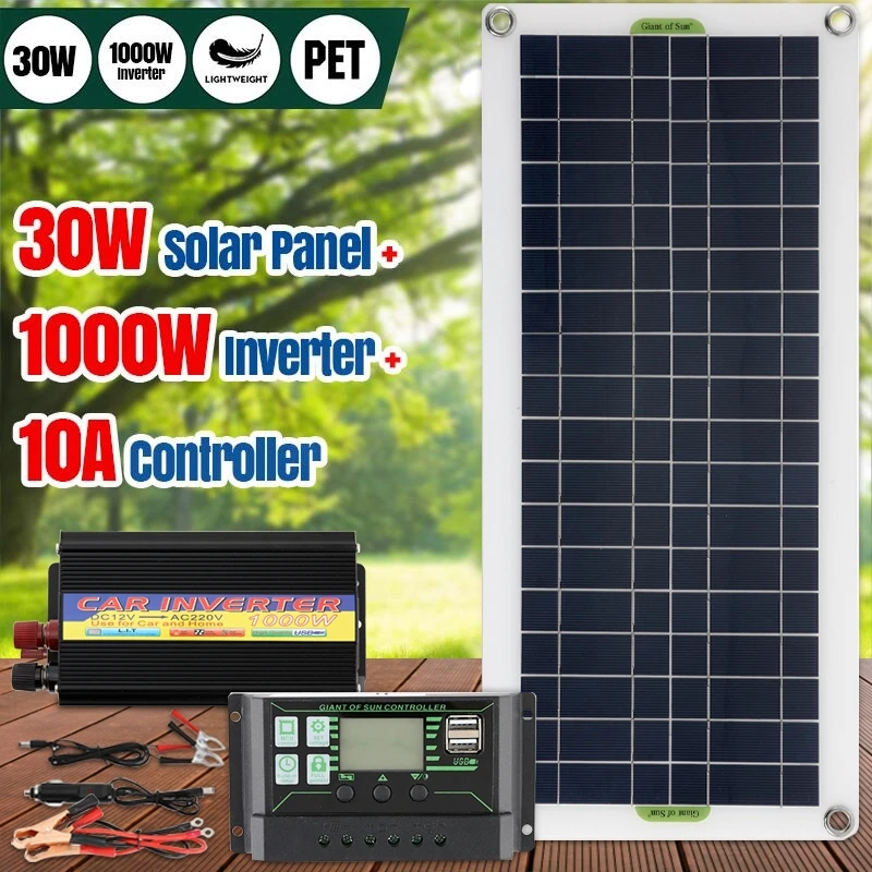 1000W Inverter Solar System 30W Solar Panel Kit Complete with Controller 12V Solar Power Battery Charge Set for Home Car Camping