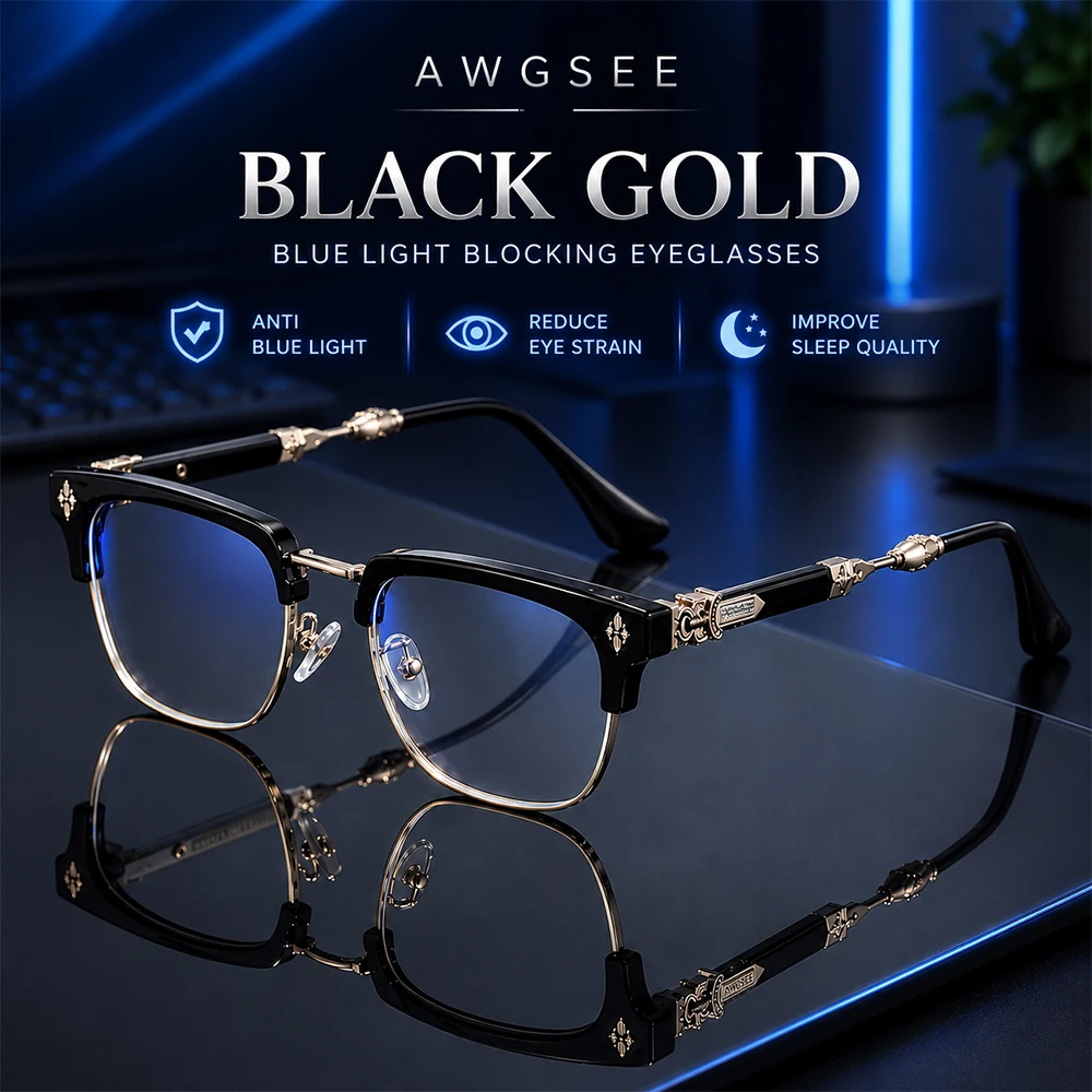 Vintage Blaulichtfilter-Brille mit Kreuzgravur für Männer und Frauen, Luxuriöse Halbrand-Quadratbrille, Retro-Computer-Gaming-Brille – Detail 7