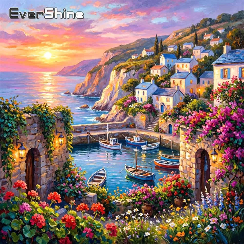 EverShine Diamond Painting Seaside Landscape Full Drill Mosaic House Embroidery Flower Rhinestones Picture Boat Handmade Gift