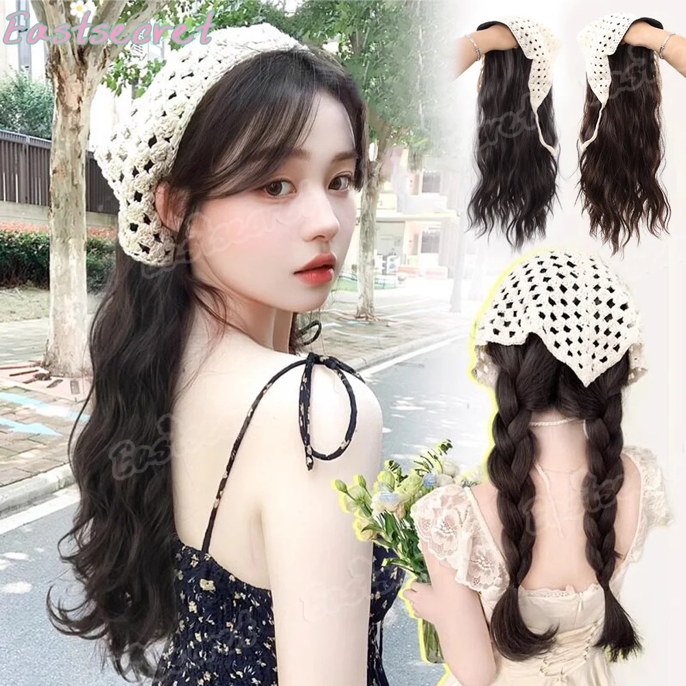 

EAST Triangle Headscarf Hollow Integrated Half Head Cover Wig Headband Knitted Farmhouse Style Water wave Synthetic Wig
