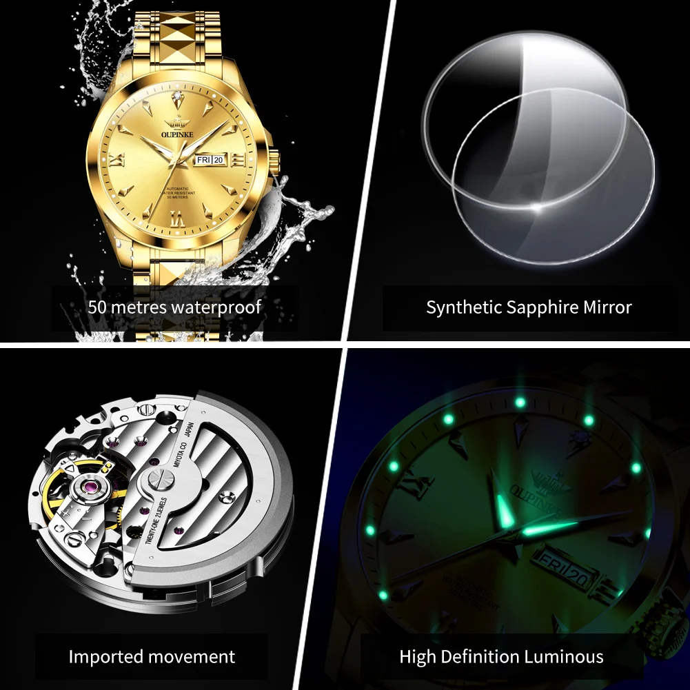 OUPINKE 3306 Men Mechanical Watch Original Genuine Luxury Watch Gold Tungsten Steel True Diamond Watch Brand Automatic Men Watch