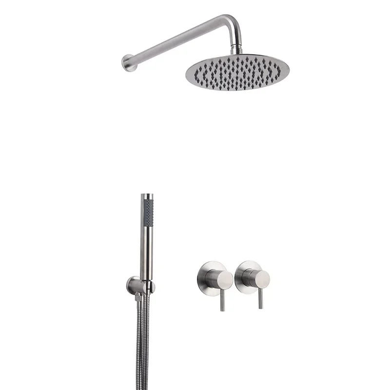 Bathroom Shower Faucet Rain Head System Set Kit Brushed Stainless Steel Matt Diverter Mixer Tap WIth Handshower Round Handheld