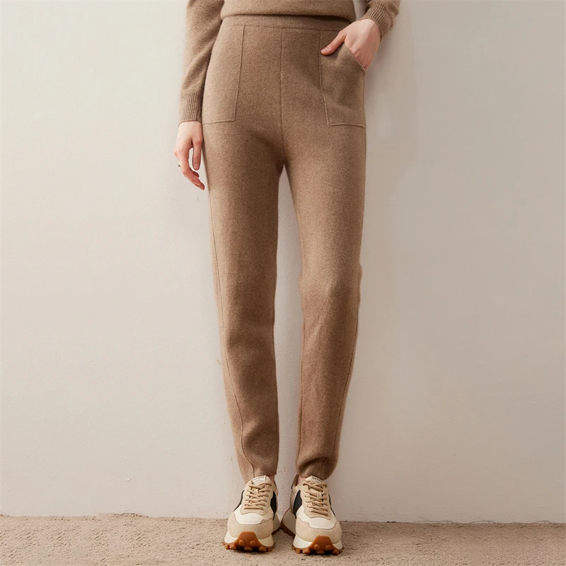 Women's Cashmere Pencil Pants Autumn Winter Office Lady Threaded Elastic Waist Trousers 100% Merino Wool Knitted Thicken Pants
