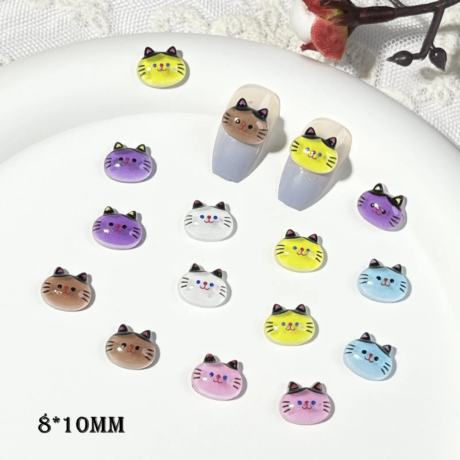 20pcs miniso colorful cat head cartoon nail charms for diy nail making cute mini resin flatback nail art decoreation