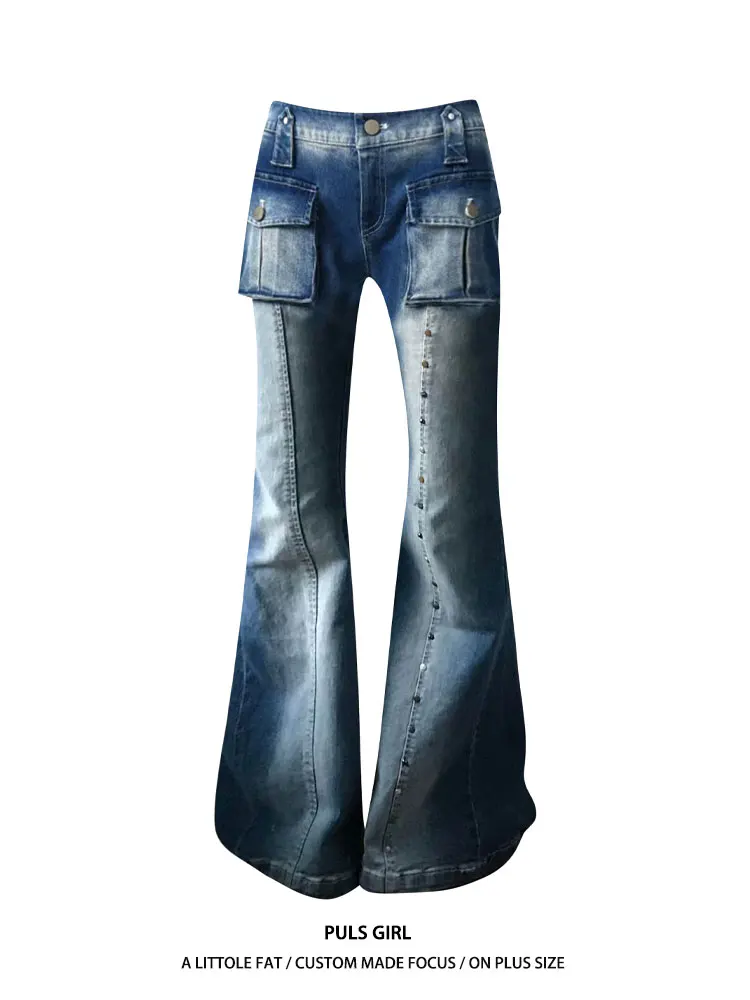 

American Style Large Size Women's Jeans Bell Bottom Washed Slim Fit with 3D Pocket Design And Rivet Casual Low Waist Pants