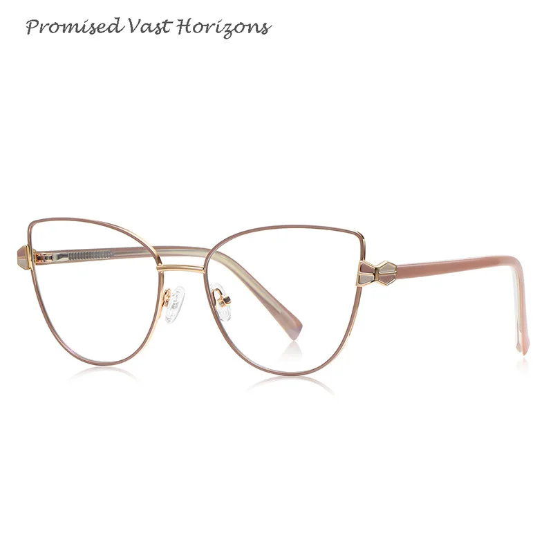 Dipinto doppio color caramello in metallo su acciaio inossidabile con lenti Plano decorative anti luce blu Montature per occhiali Cat Eye popolari