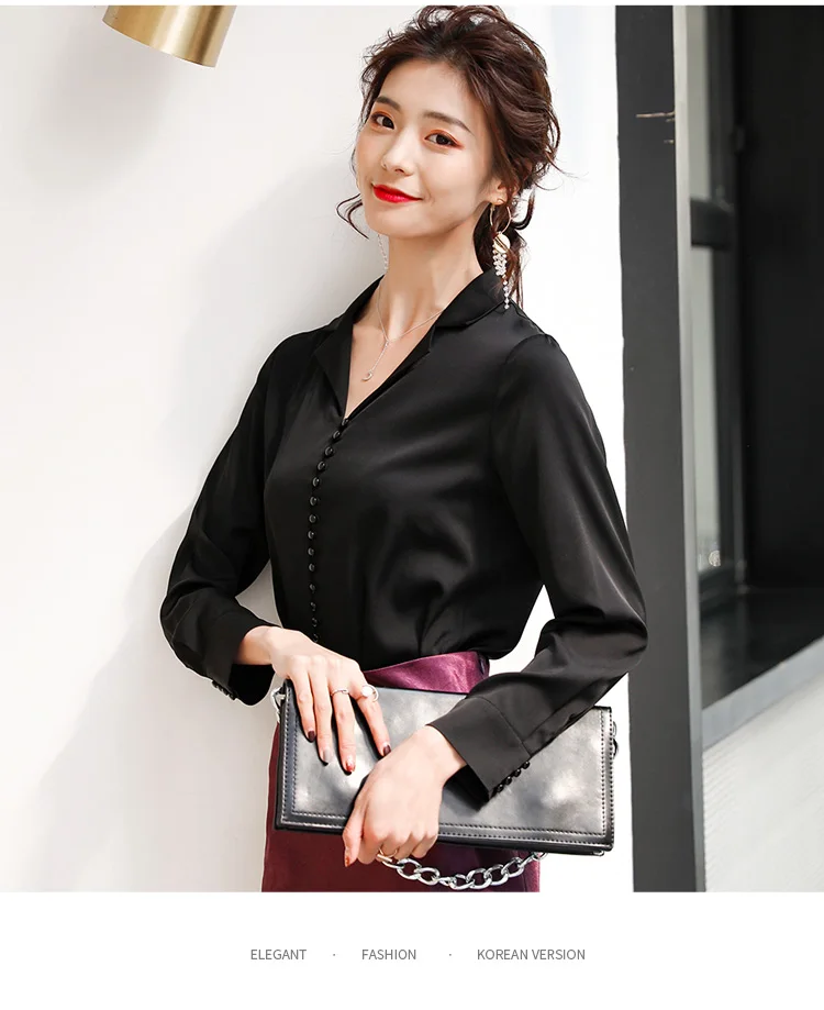 100% Mulberry Silk Long Sleeve Shirt Navy Blue Silk Elegant Noble Business Casual Fashion Blouse Light Luxury Women's Wear