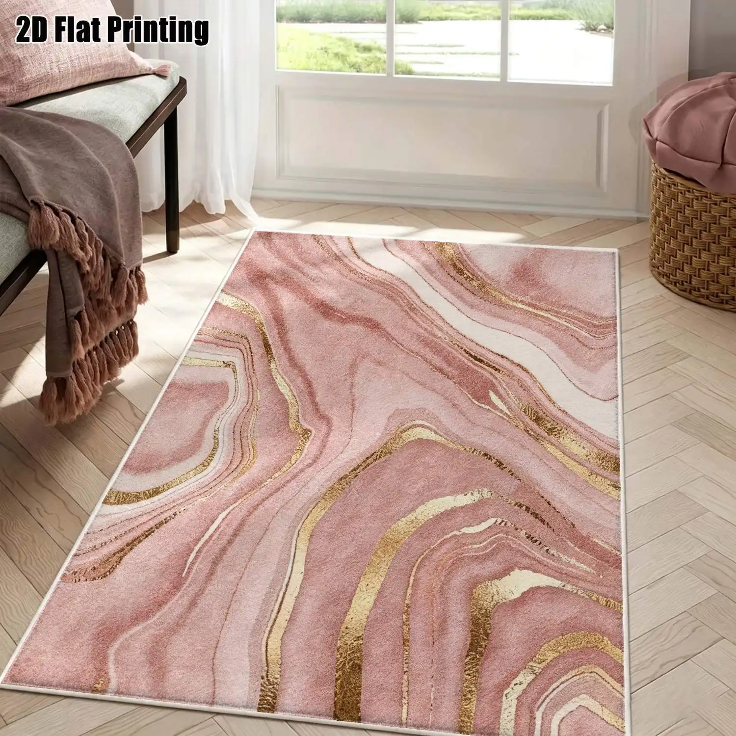 1Pc 2D Printed Pink Abstract Velvet Carpet, Nordic/Instagram Style, Modern Minimalist Geometric Striped Floor Mat, Machine Washable, Multi-Size Home Decor for Entryway, Dining Room, Foyer, Living Room, Bedroom