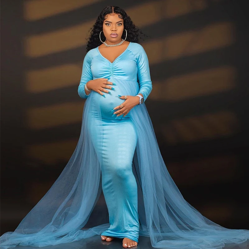 

Maternity Long Sleeves Floor Length Mesh Dress Pregnant Dress With Long Train For Shooting Baby Baptism Party