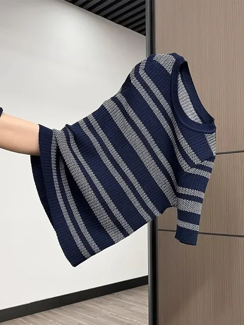 2025Ropa Mujer Gestreiften Frauen T Shirt Gestrickte Tops Kurzarm Oansatz Tunika Camisetas Koreanische Tees Casual Chic Sommer T-shirts