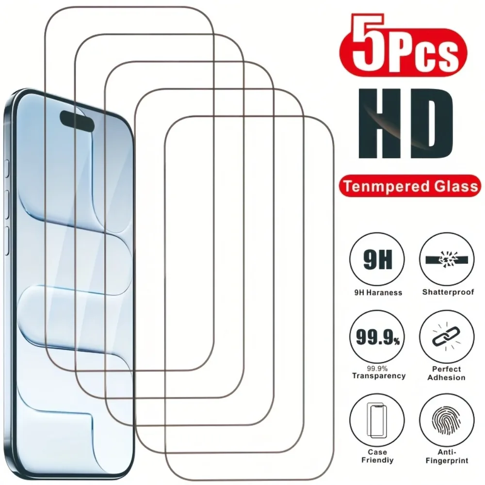 

5Pcs Ultra HD Screen Protector for iPhone 17 16 15 14 Pro Max Air 16e 15 Plus 13 12 11 Pro XR XS Max 9H Hardness Tempered Glass