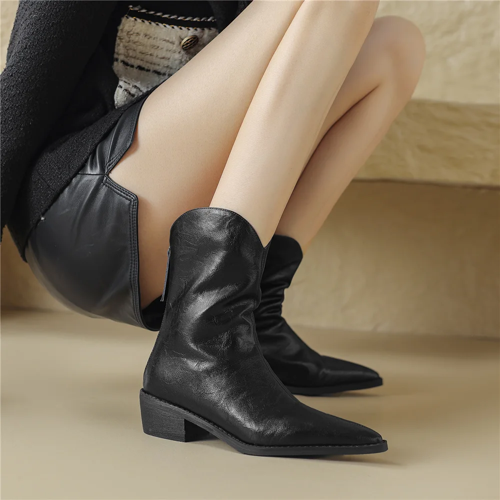 FEDONAS Winter Retro Women Ankle Boots Pointed Toe Zipper Office Lady Shoes Woman Genuine Leather Thick Plush Warm Western Boots