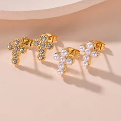 Small Delicate Artifical Pearl Zircon Cross Earrings Vintage Classic Charm Gold Color Jewelry for Women Party High Quality Gifts