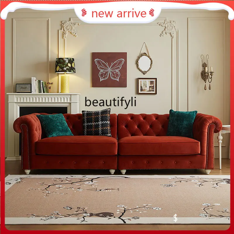 

S132 Fabric retro flocking sofa French light luxury living room small apartment solid wood buckle straight row three-person sofa