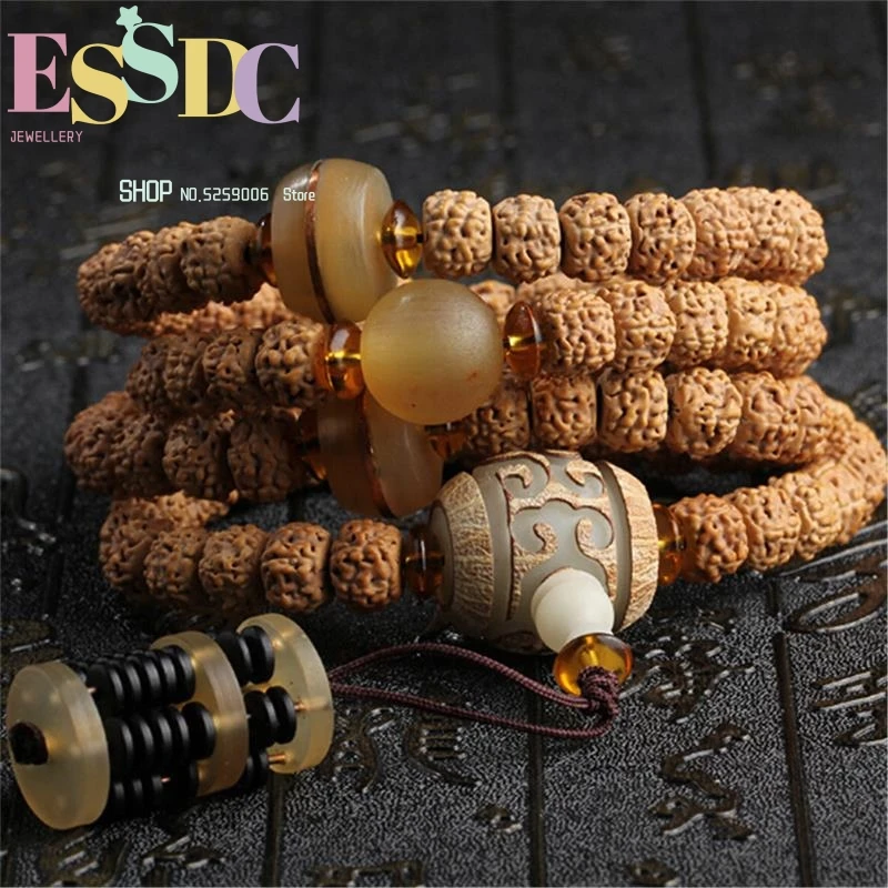 High Quality Natural Five Petal Exploded Stripes Rudraksha 108 Bodhi Beads Prayer Bracelet Sheep Horn Charm Hand String Dropship