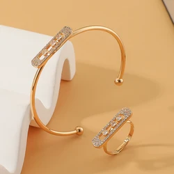 Women's New Fashion 2 Pcs Copper Bracelet & Ring Set Geometic Simple Design Adjustable Open Cuff Bangle Ring Jewelry Set