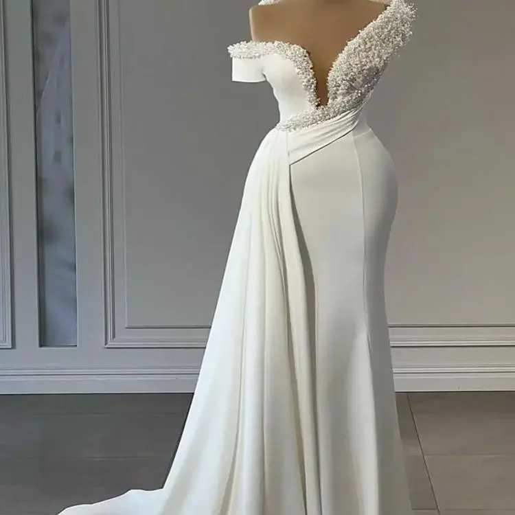 Customized  Beaded Off The Shoulder Wedding Dress Chapel Train Vestido De Noiva Sereia Sweetheart Ruched Satin Bridal Gown