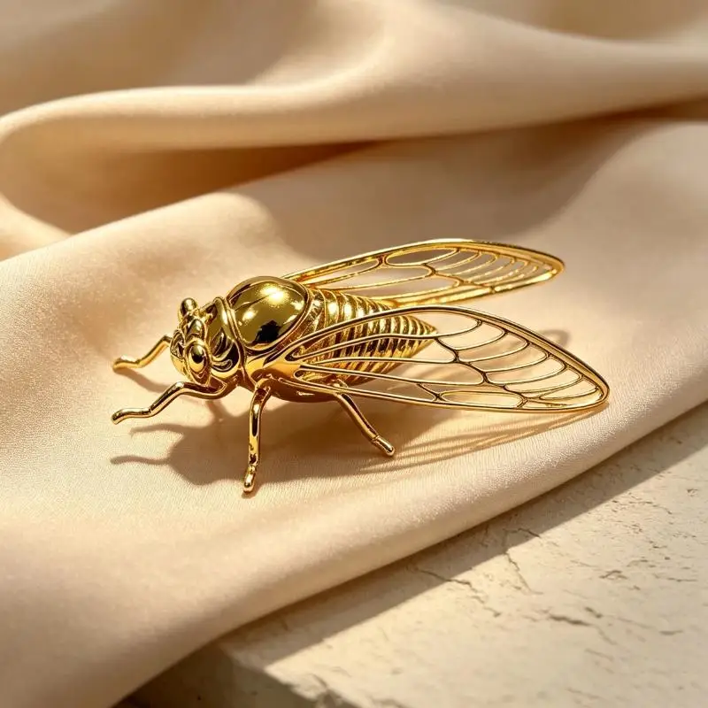 1Pc Realistic Cicada Figurine Golden Finish Hollow Wing Vintage Insect Statue Desktop Art Sculpture Home Tabletop Decor Ornament
