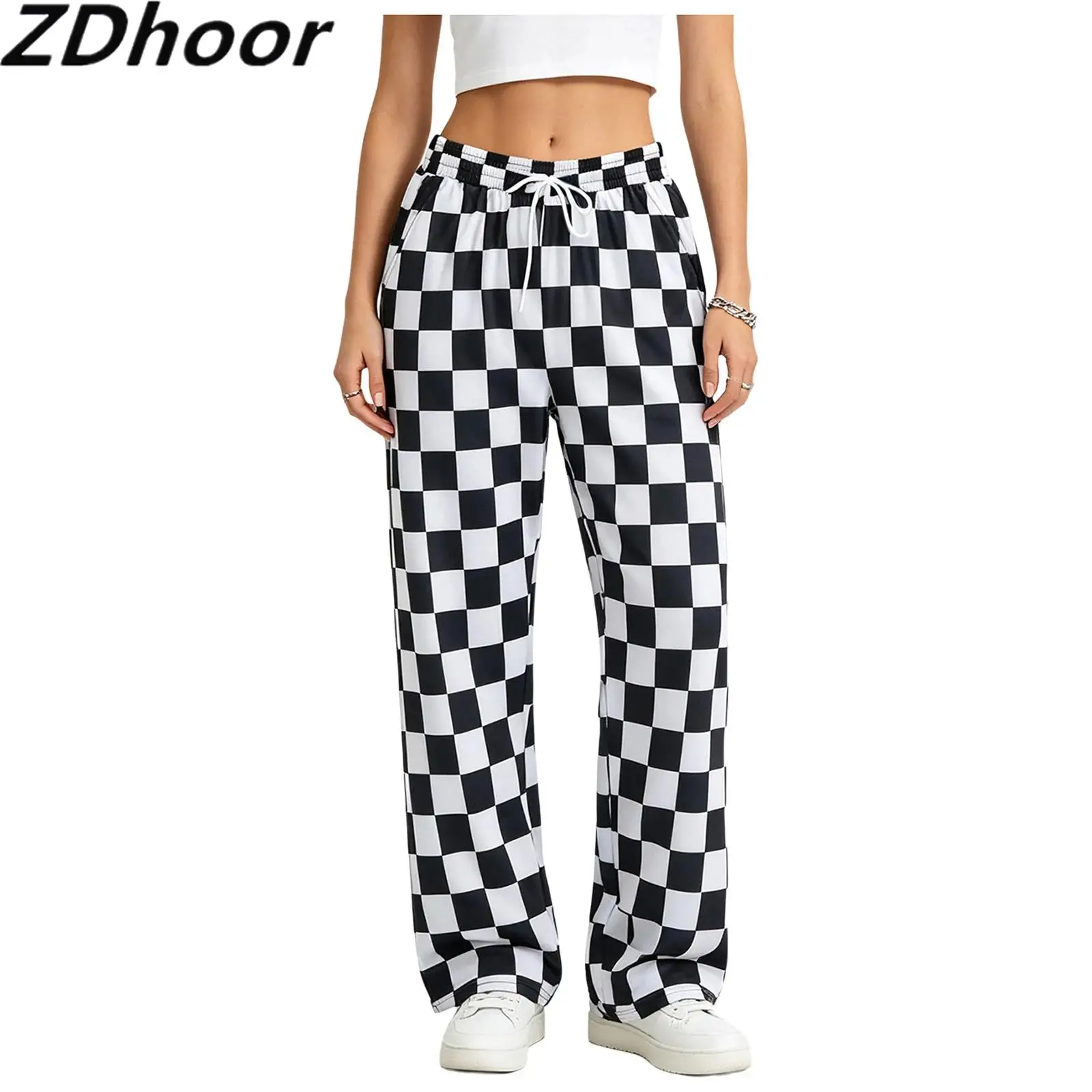 Women Checkerboard Wide Leg Pants Drawstring Elastic Waistband Side Pockets Plaid Trousers Casual Loose Bottoms for Daily