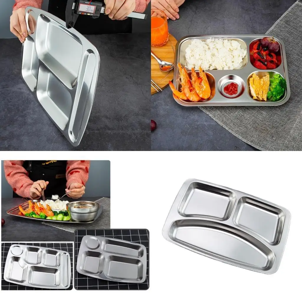 

652F Practical 304Stainless Steel Tray with Divider Easy to Clean Divided Plate Dishwasher Safe Portion Control Plate