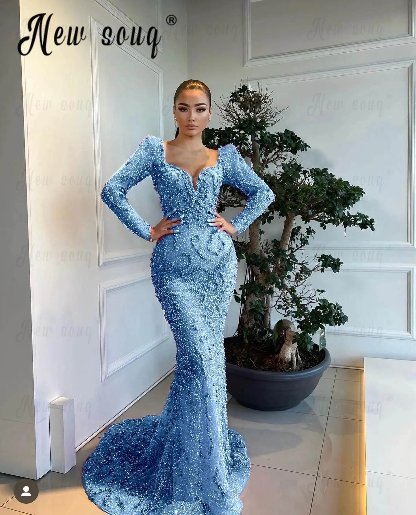 Chic Baby Blue Celebrity Dress Maxi Long Mermaid Beads Party Gowns 2024 Elegant Cocktail Dresses Women Dinner Elegant Gowns