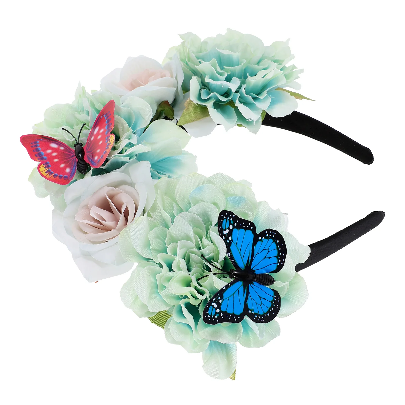 عصابة رأس على شكل فراشة مع ورود مقلدة، رباط شعر مزخرف بالزهور، نسيج ناعم ومريح، مظهر أنيق لحفلات الزفاف وحفلات الشاي
