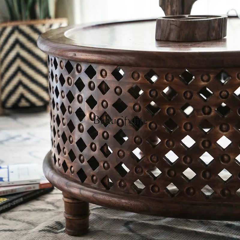 * Mesa de chá estilo da Ásia do Sul, mesa de centro redonda de olmo antigo, novo estilo chinês, sala de estar, casa