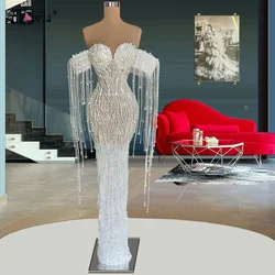 Vestido De noche De sirena con cuentas De perlas completas, elegante, blanco, hombros descubiertos, borlas, largo hasta el suelo, transparente, fiesta De graduación