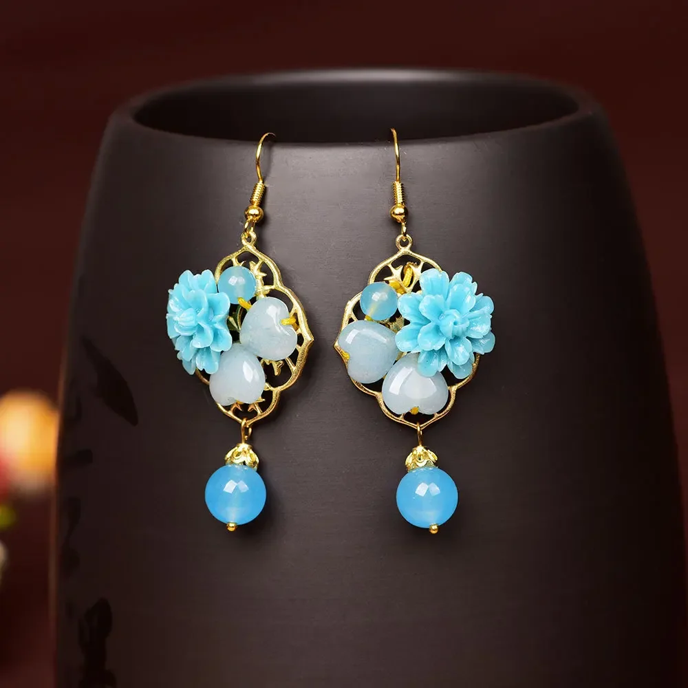 

Jade Flowers Drop Earrings Chalcedony Blue Agate Amulet Fashion Natural Charm Jewelry Gifts for Women Her