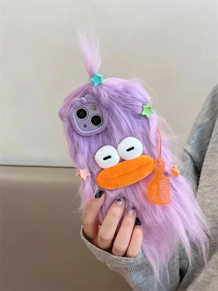 Koreanische lustige, flauschige Plüsch-Monsterhülle für iPhone 18pro 17 Pro Max 16 15 14 13 12 11, süße Winter-Warmhülle für Mädchen, weiche Fellhülle – Detail 4