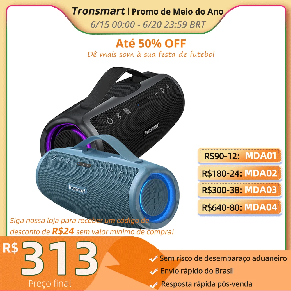 Alto-falante Bluetooth Tronsmart, alto-falante poderoso Mirtune S100 com 50 W, IPX7 à prova d'água, alça retrátil, Powerbank integrado