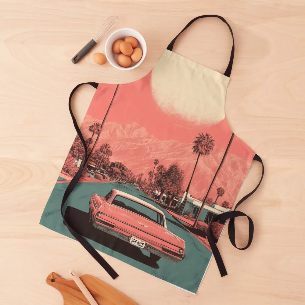 

Retro Palm Springs Sunset with Classic Car and Palm Trees Apron with pockets Manicurists For Men Apron